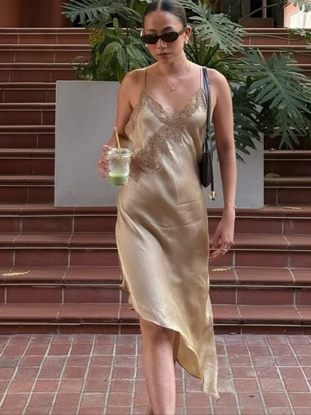 Satin Lace-Trim Slip Dress in Champagne